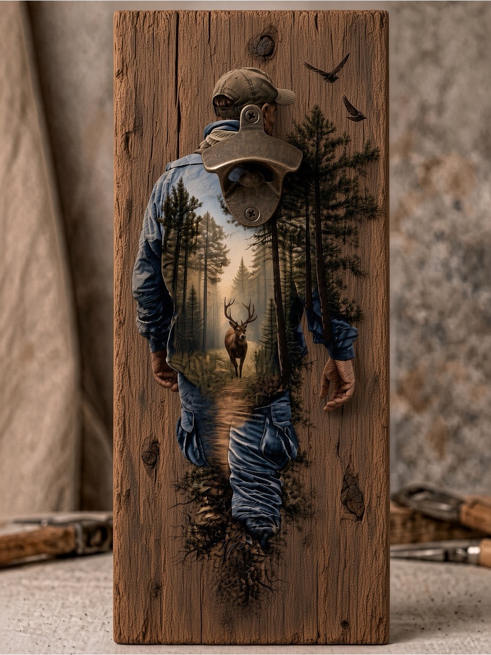 Rustic Forest Hunter Wall Art with Bottle Opener - Brown and Blue